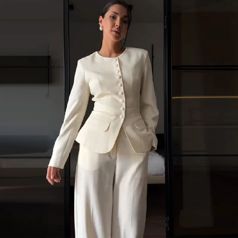 

Elegant Solid Single Breasted Blazer Jackets Suit Women O-neck Long Sleeve Pocket Straight Pants Set 2025 Daily Commute Outwear