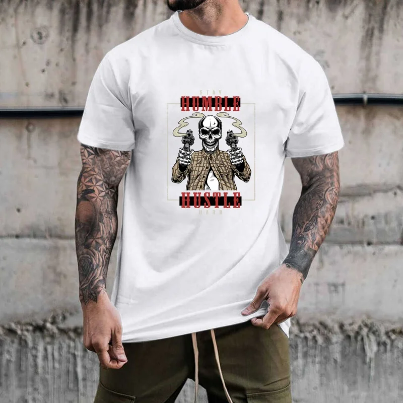 Stay Humble Hustle Hard Skull With Guns Graphic Heat Transfer White Ink Iron - On Patch, Trendy Street Style, Suitable For T -