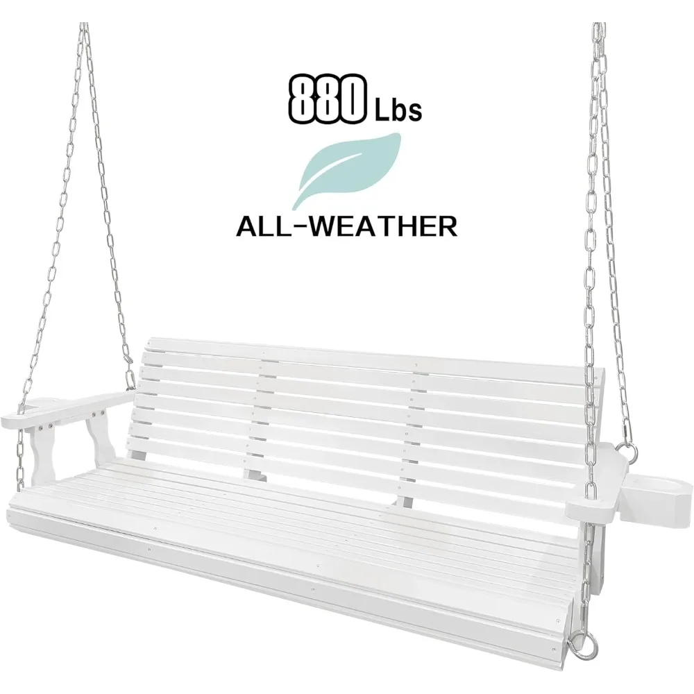 Wooden Porch Swing 3-Seater, Bench Swing with Cupholders, Hanging Chains and 7mm Springs, Heavy Duty 880 LBS, for Outdoor Patio