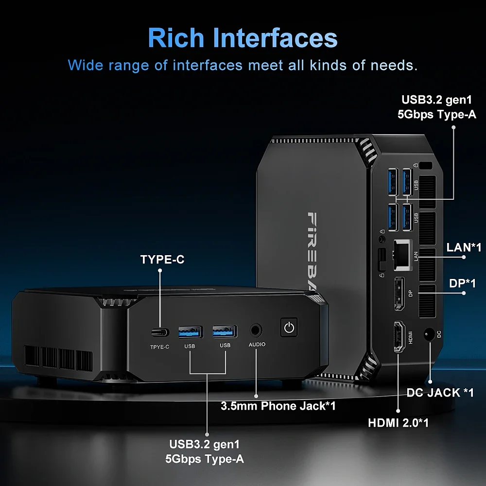 AMD R7 6800H Mini PC Gamer، FIREBAT A6 16GB 512GB SSD Mini Computer، AMD Radeon Graphics، Dual Band WiFi6 BT5.2، مكتب كمبيوتر للألعاب