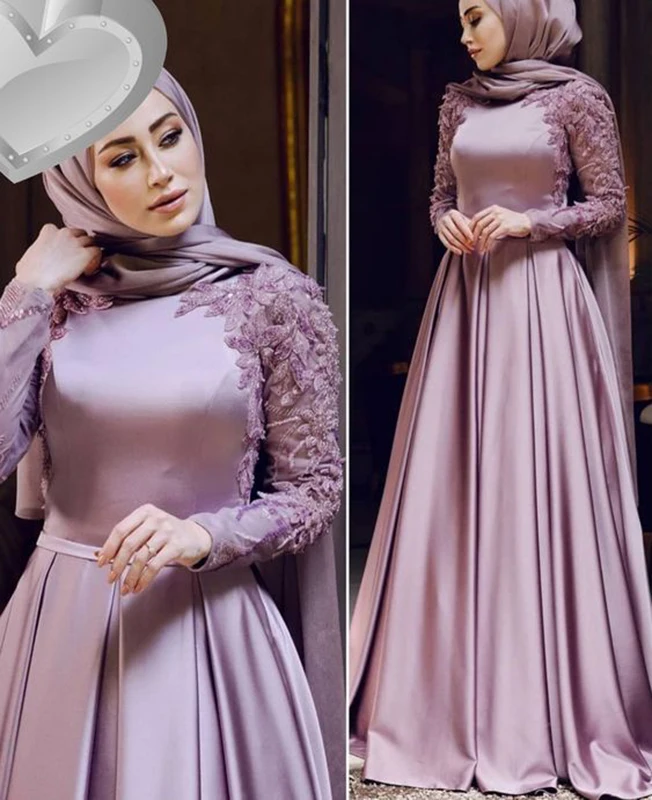 

Satin Appliques Long Sleeve Muslim Hijab Evening Dresses High Neck Moroccan Caftan Formal Party Gown Arabic Dubai Robe De Soiree