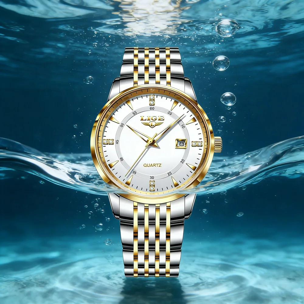 

Мужские часы LIGE: повседневные, деловые, люксовые, водонепроницаемые (3ATM), с датой, светящиеся, кварцевые, из нержавеющей стали