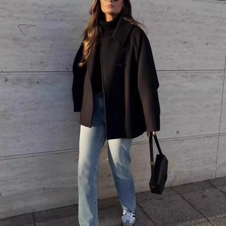 

Spring New Arrival Women's Thiened Woolen ort Coat Loose Batwing Sve Outerwear Sweet Sle Regular Sve Length