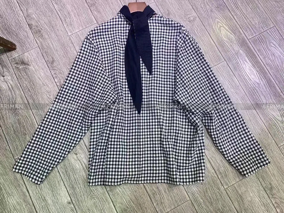 2024 autunno nuove donne cravatta Design in bianco e nero Plaid camicia allentata Top