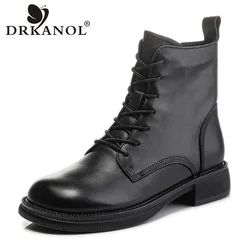 DRKANOL Fashion Cow Genuine Leather Women Ankle Boots Square Heel Short Boots Ladies Lace Up Warm Motorcycle Boots Black Booties