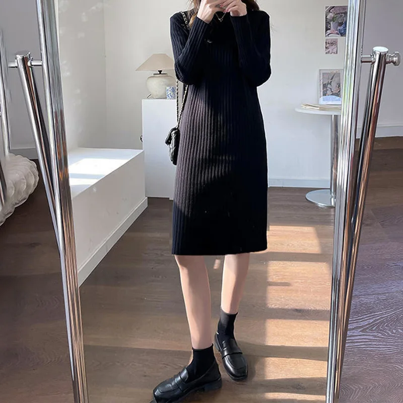 Autumn and Winter New Mid To Long Loose and Slimming Fashionable and Stylish Long Sleeved Base Knitted Dress for Women E2856