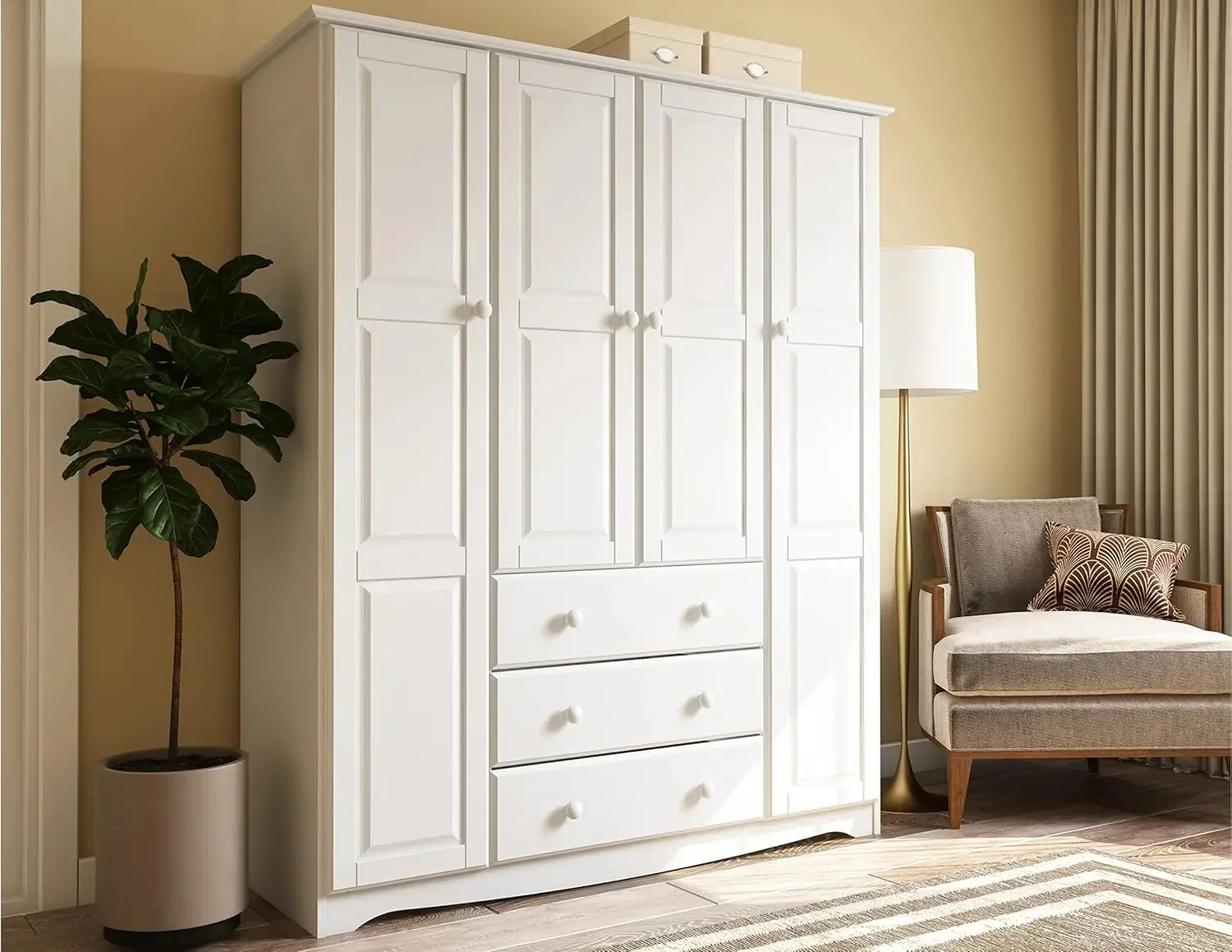 Solid Wood Family Wardrobe Closet Armoire with Clothing Rods White 60.25