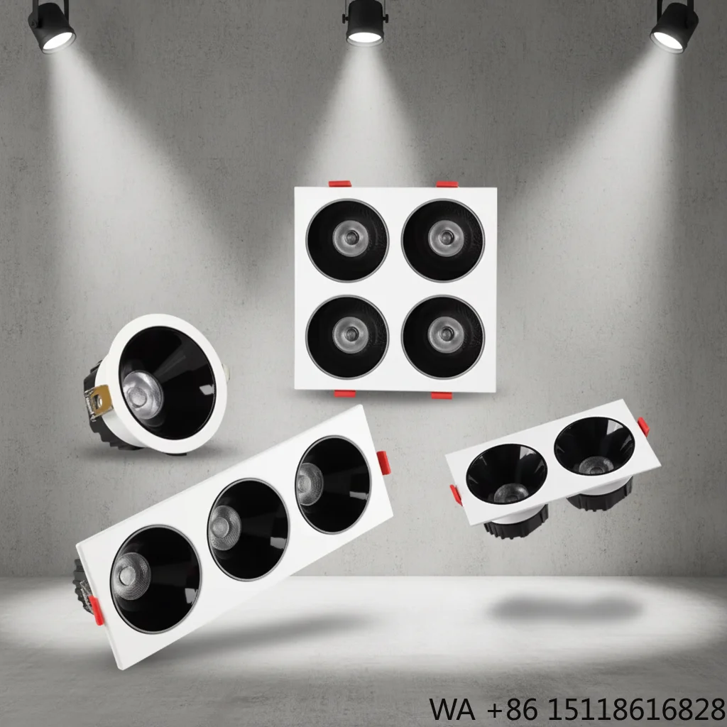 Slim Recessed LED Grille Light 1 2 3 4 Heads Square Gimbal Spotlight Anti-Glare COB Downlight for Commercial Lighting