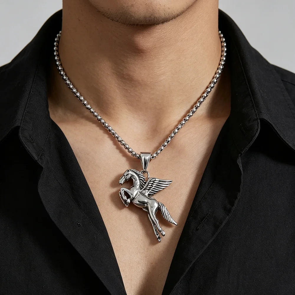 Men's 316L Stainless Steel Pegasus Winged Horse Pendant Necklace Vintage Box‑Chain Punk Biker Hip‑Hop Jewelry Gift for Guys