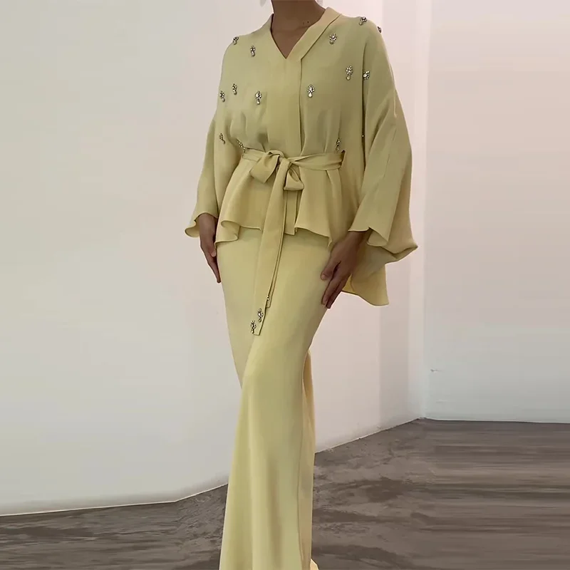 Sashes Sexy Wrap Buttocks Skirts Ankle Length Basics Sheath Matching Sets Two Pieces V Neck Shirts Dress Sets