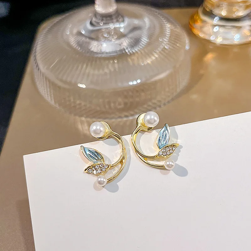 Korean Style Grey Blue Leaf Stud Earrings For Women New Trendy Pearl Crystal Sweet Two in One Wear Ear Jewelry Wholesale Gift