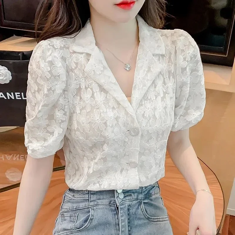 Elegant Hollow Out Lace Blouses Women 2024 Fashion White Casual Tops Mujer Korean Style See Through Puff Sleeve Summer Shirts