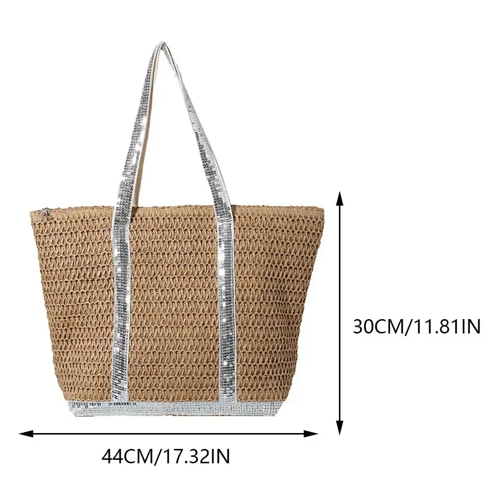 Women\'s Tote Bags Sequin Straw Shoulder Bag Woven Rattan Large Summer Beach Bag Raffia Shopping Bag Purse Straw Crochet Handbags