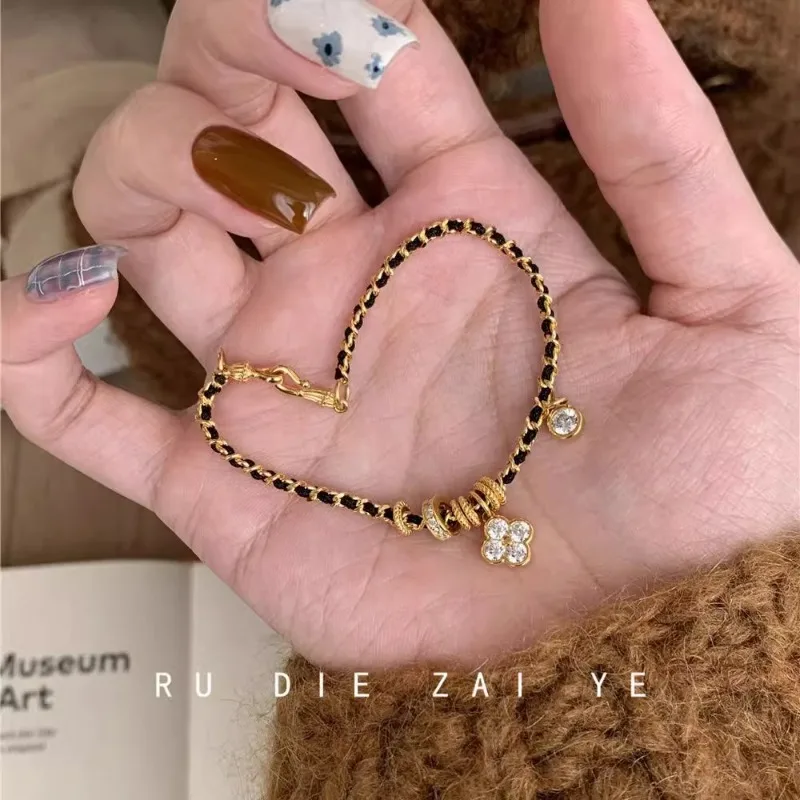 

Браслет среднего возраста с черным золотом и цирконием для дочери, легкие роскошные высококачественные тканые ручные украшения