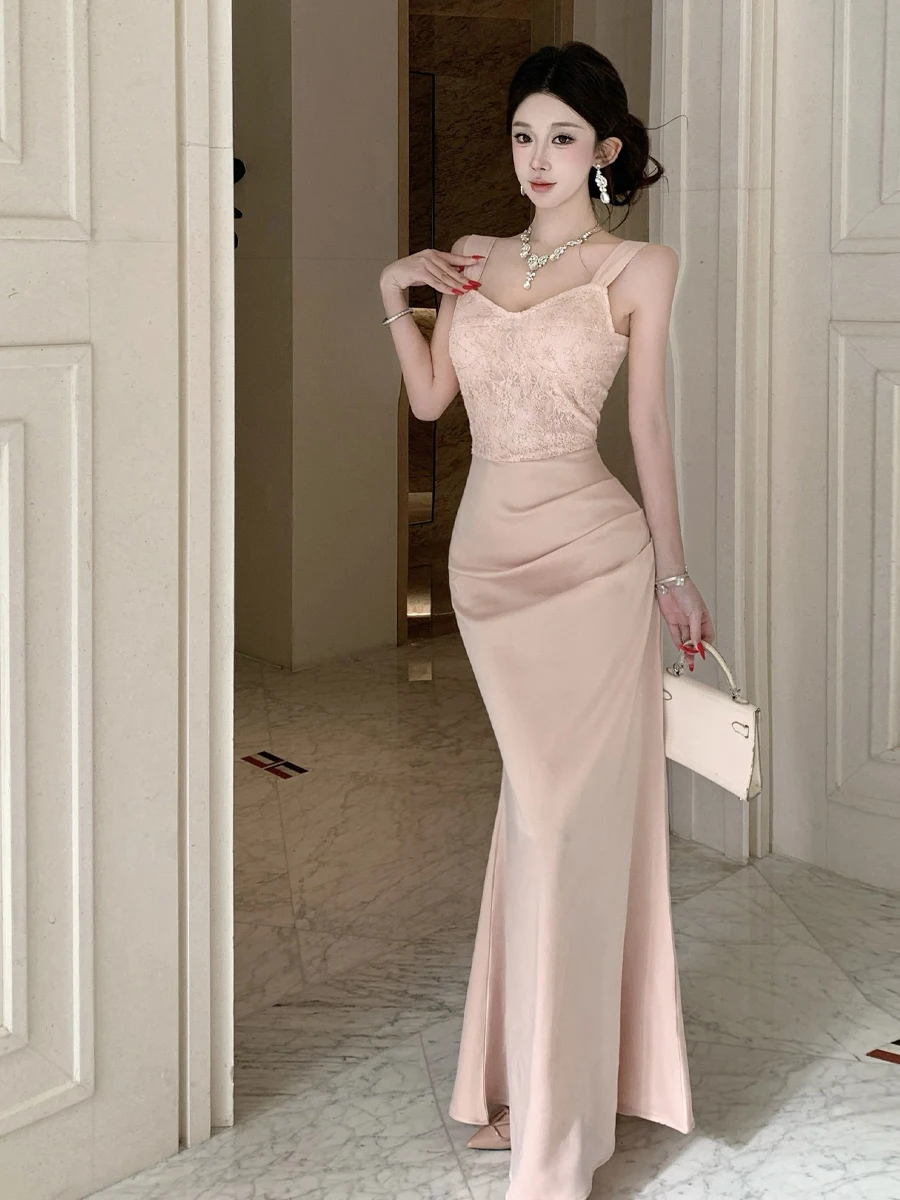 

Элегантное кружевное платье-русалка с блестящими вставками, V-образным вырезом, завышенной талией, длинной юбкой, роскошное облегающее платье-русалка для женщин