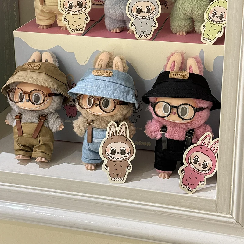 

For 17 Cm Labubu Strappy Pants And Hat Set Macaron Clothes Fashion Jeans Dolls Accessories Labubu Outfit Mini Crossbody Bags