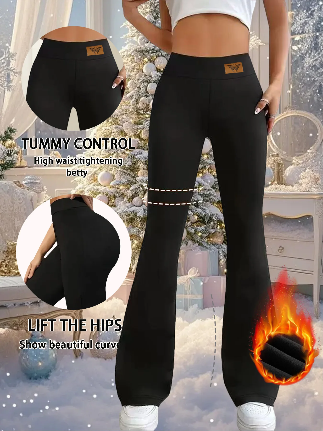 

Женские эластичные расклешенные брюки с кожаной биркой-бабочкой, черные повседневные брюки, подходящие для мероприятий и праздничной одежды