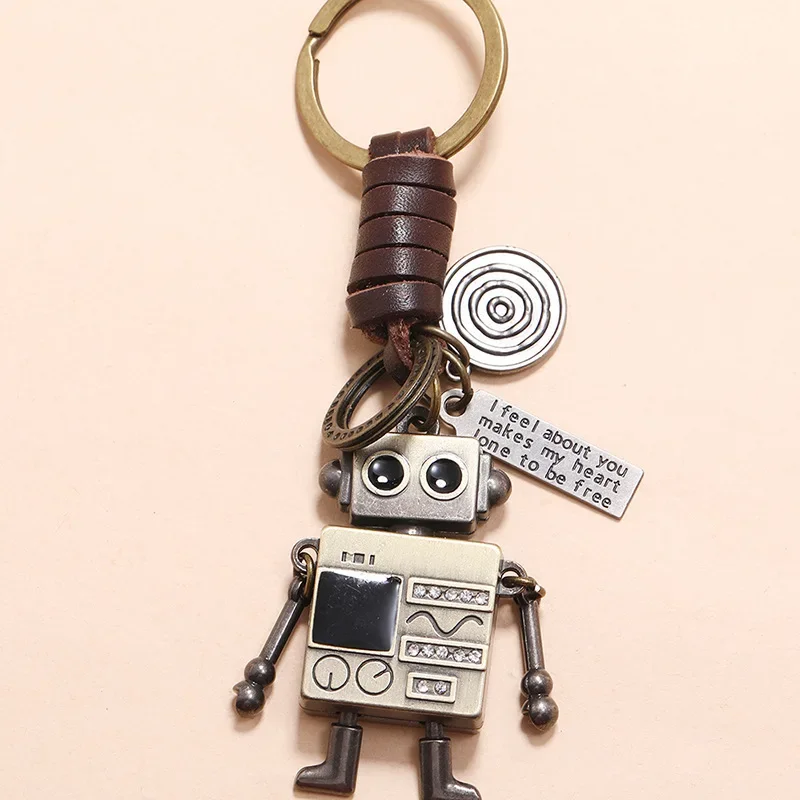 Vintage Retro Handmade Leather Robot Ke/ychain - Articulated Limbs, Creative Women's Bag Charm