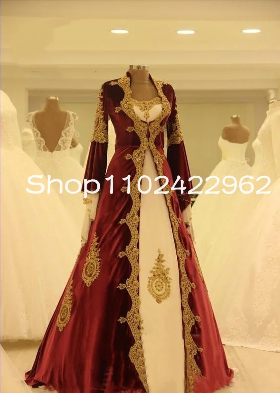 Tunisian Caftan Burgundy Velvet Prom Dresses with Long Sleeve Gold Applique Kaftan Full Length Two Pieces Evening Gown