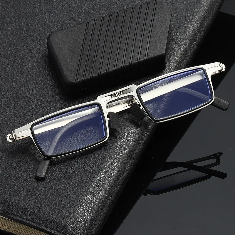 Retro Folding Reading Glasses for Men / Women Metal Frame Anti-blue Light Eyeglasses with Free Case