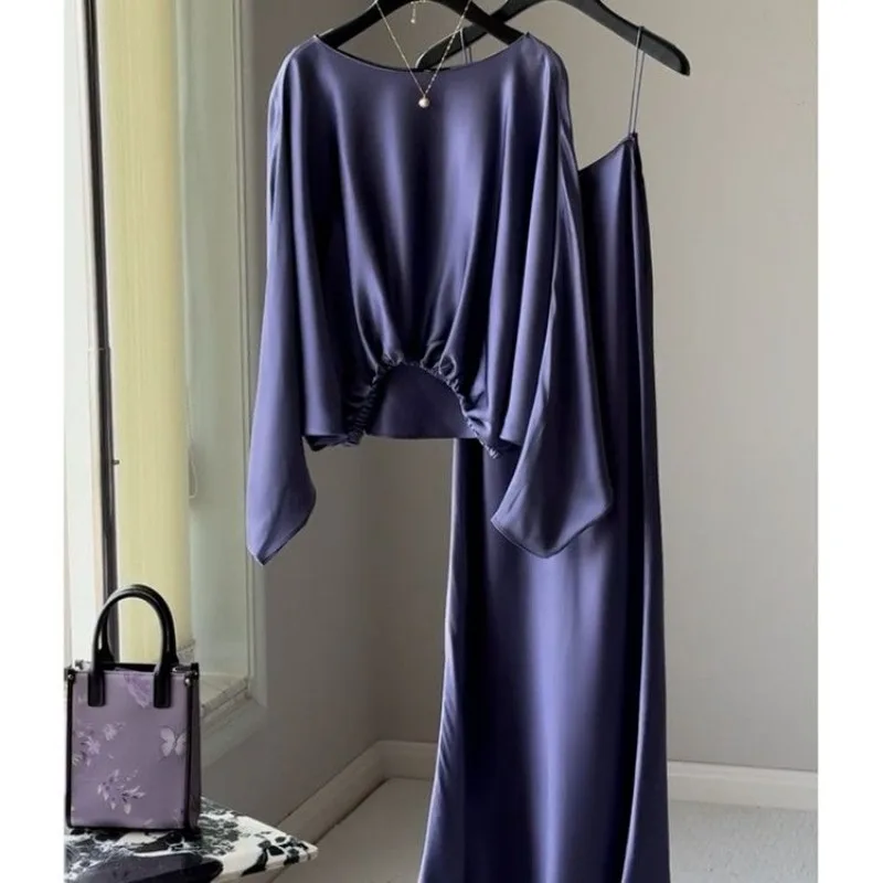Spring Summer Super Fire High-end Satin High-end Feminine Purple Satin Suspender Dress Set Temperament Commuting Women' Clothing