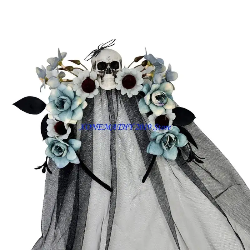 

F42F Halloween Witch Hairband With Skull Flower Design Tulle Veil For Theme Event