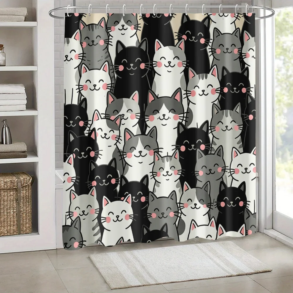 1pc Cute and Playful Cat-patterned Shower Curtain, a Lovely and Warm Home Decoration Bathroom Curtain Made of, with 12 Hooks, Su