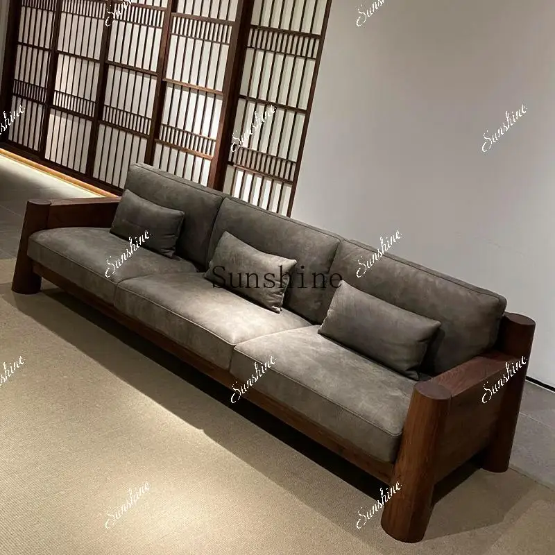 New Chinese straight row three-person black walnut home living room leather sofa small apartment FT