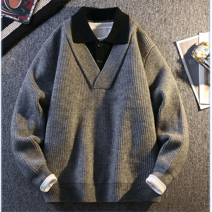 Autumn Winter Fake Two-Piece Lapel Knit Polo Sweater Men's Premium Streetwear Casual Top