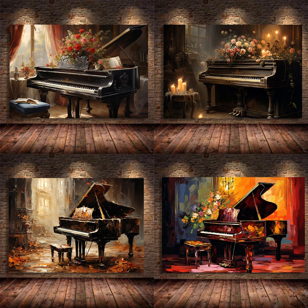 Abstract Vintage Piano with Flower Poster Cello Canvas Painting Print Wall Art Picture for Living Room Jazz Club Home Decor