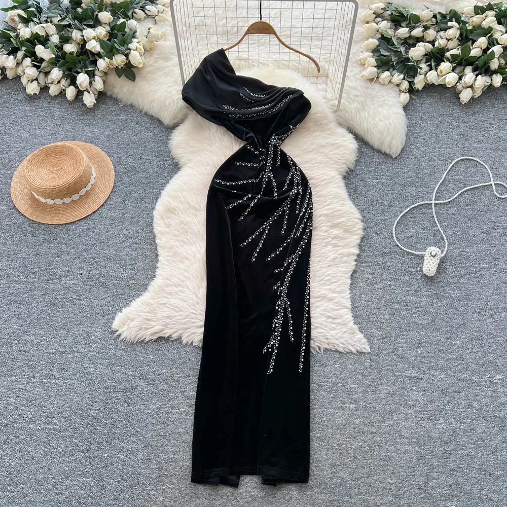 ملابس نسائية مثيرة أنيقة بدون أكمام وياقة قطرية من القطيفة مقسمة على الموضة الكورية العتيقة للحفلات المسائية #4