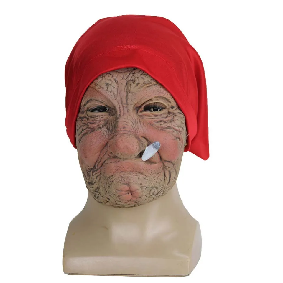 Funny Smoking Granny Old Nana Latex Mask Lady Grandma With Wrinkled Face and Red Scarf Masks Halloween Party Costume Props - view 5
