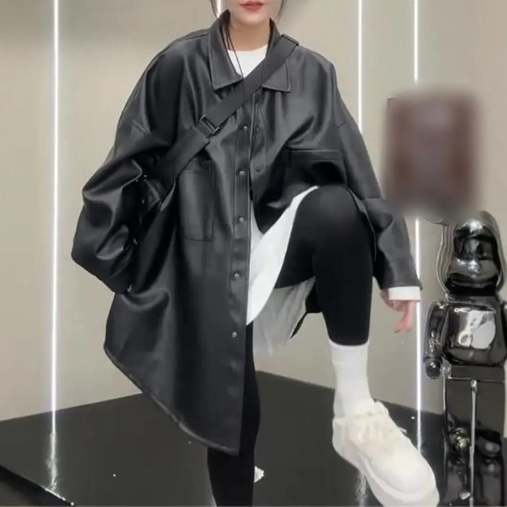 Women's Trendy High-End Casual Leather Shirt Jacket Black Loose Fit Korean Style Autumn New Fashion Easy to Match