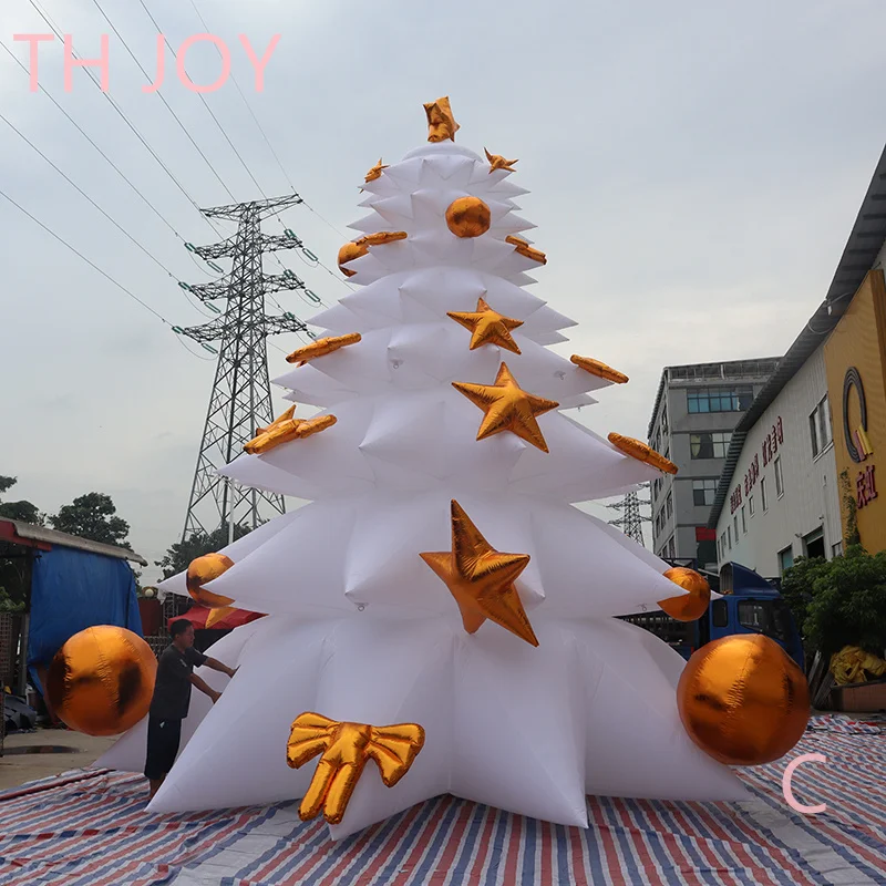 nave aerea veloce a porta, grande albero di Natale gonfiabile bianco all'aperto, palloncino per albero di Natale con illuminazione a LED con palline dorate