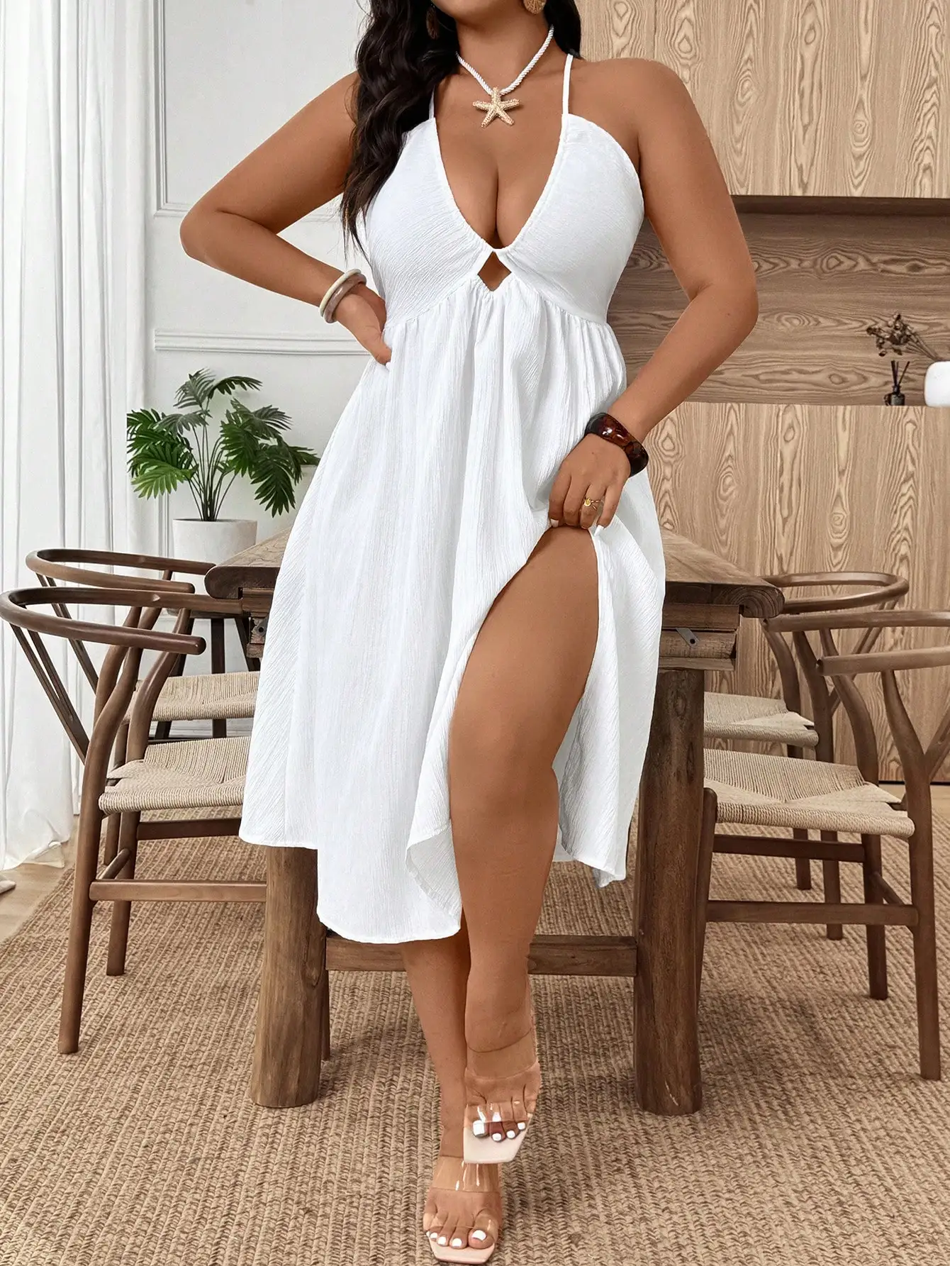 

Plus Size Women Summer Solid Side Slit Spaghetti Strap Dress