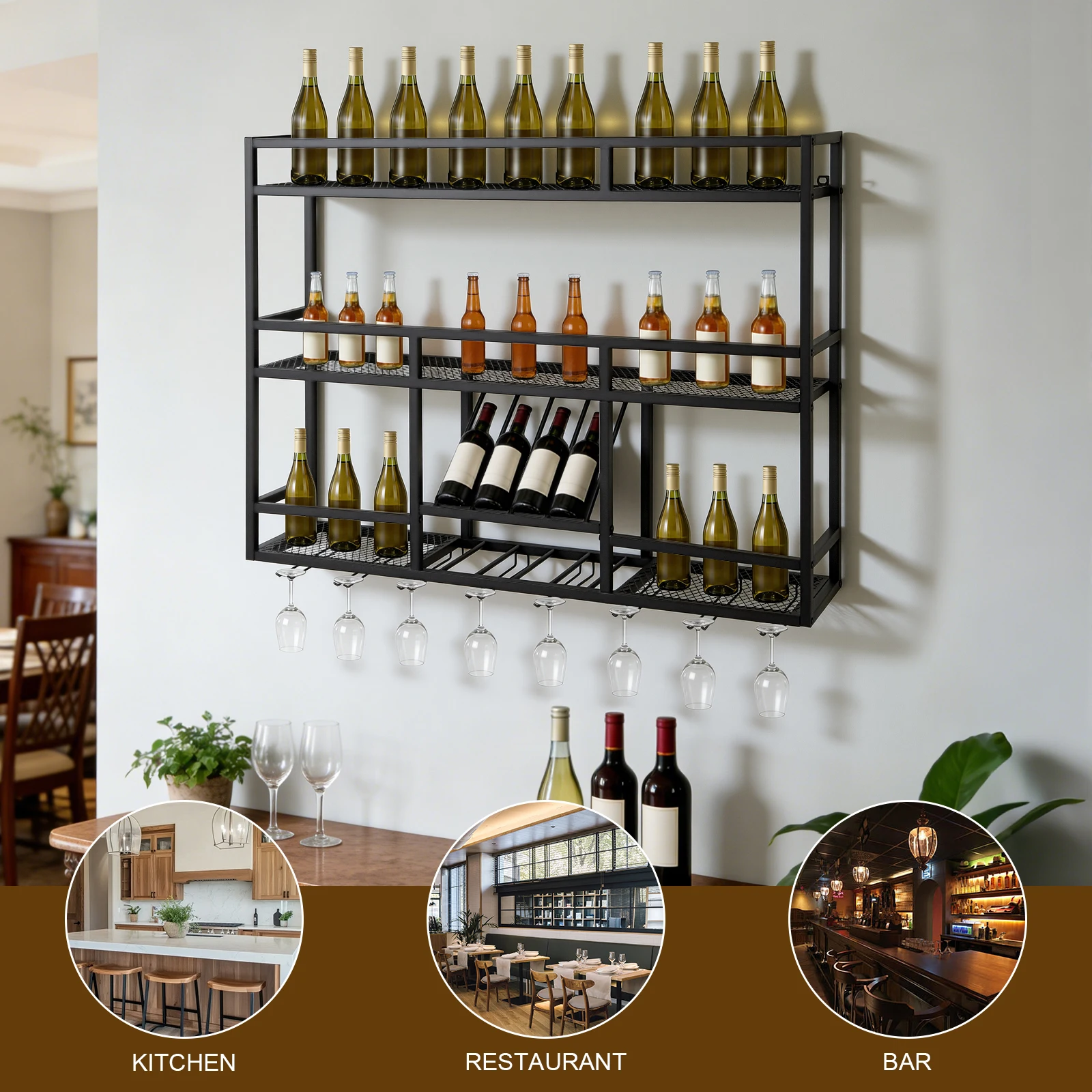 

Трехуровневые плавающие полки для бутылок с подставкой для стаканов, полка для хранения и демонстрации алкоголя для домашнего бара, кухни, столовой