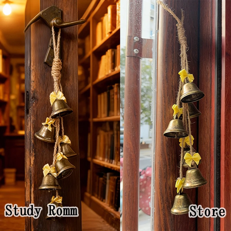 Handmade Hemp Rope Door Bells Classic Antique Bronze Bell Strand with Bow Accents  Store Welcom Bells Chime for Boutiques Cafes