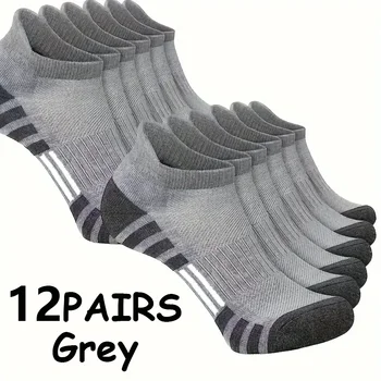 12Pairs Men Black White Grey Towel Bottom Sweat Absorbent Anti Odor Breathable Non Slip Ear Loop Short Socks For Running Sport 6