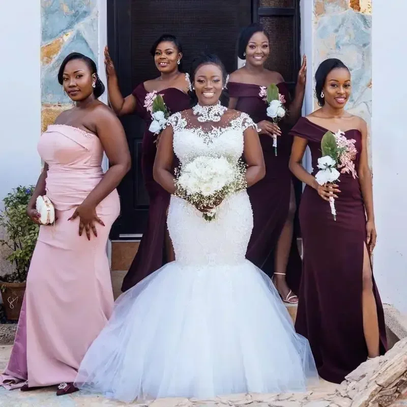 Customized African Plus Size Dresses Sheer Neck Beads Sequins Sleeveless Mermaid Wedding Gowns Back Buttons