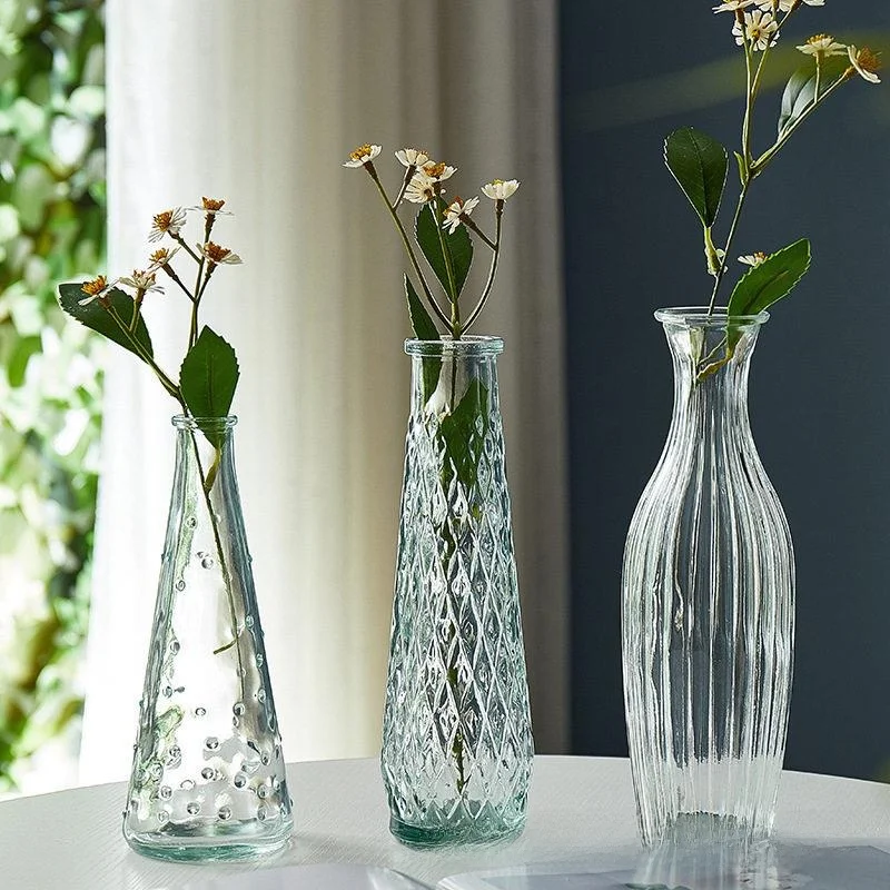Korean Style Glass Flower Vase Tulip Small Diameter Transparent Simple Living Room Decorative Items Three Piece Set Wall Hanging