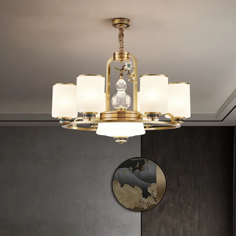 New Chinese Living Room Chandelier Chinese Style Shell Enamel Color Restaurant LED Lamp Creative Personality All Copper Bedroom