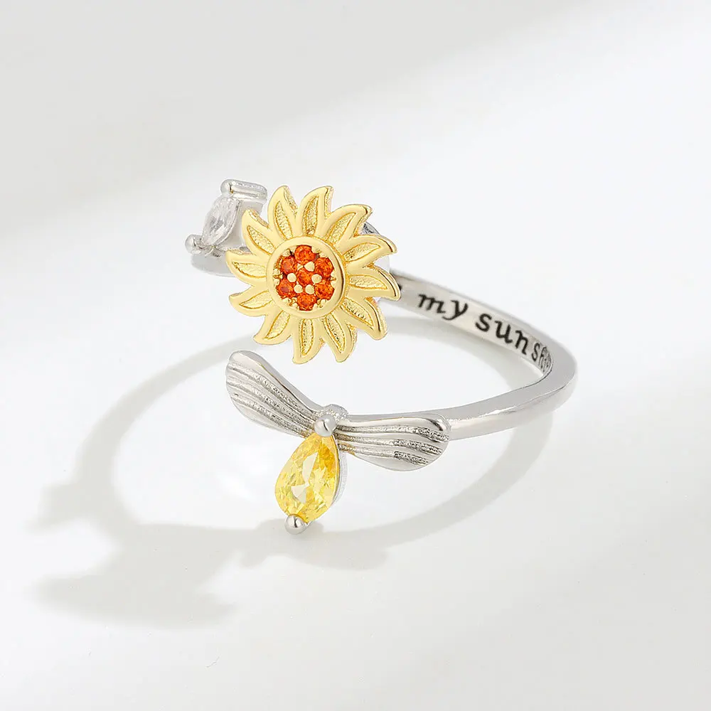 Shining Crystal Sunflower And Bee Fidget Spinner Rings For Women Anti Anxiety Control Anti Stress Rotating Ring Girls Gift