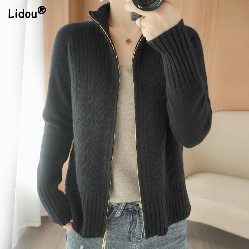 2023 Autumn and Winter Fashion Simple Stand Collar Loose Casual Oversized Thread Fried Dough Twists Knitting Sweater Cardigan