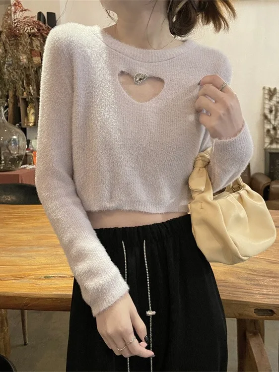 Heart-Shaped Hollow Short Knitwear Winter New 2024 Korean High-Waisted Long-Sleeved Bottoming Top Female