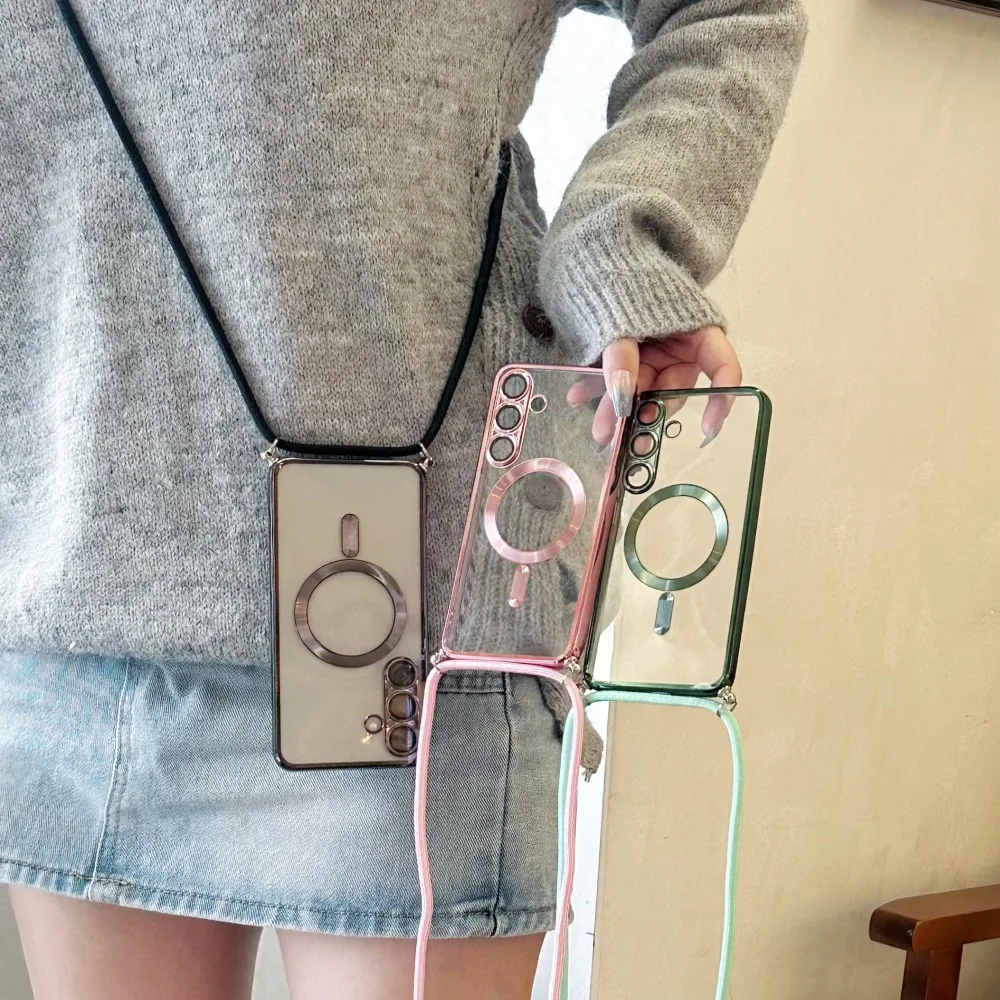 Crossbody Lanyard Phone Case for IPhone 11-17 Pro Max/Plus, Hands-Free Mirror Chrome Strap Cover