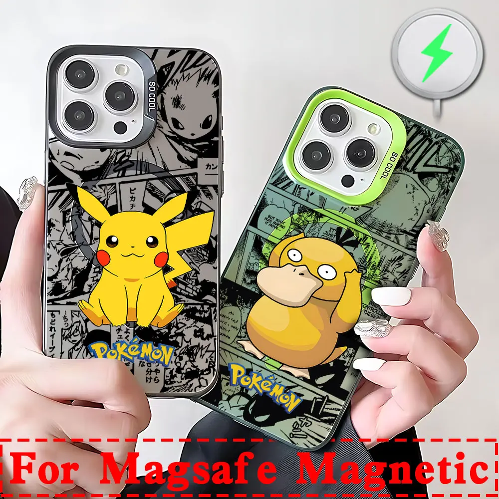 Anime Psyducks Pikachus Pokemens Magsafe Magnetic Phone Case for IPhone 11 12 13 14 15 16 Pro Max Plus Silver Plated Cover