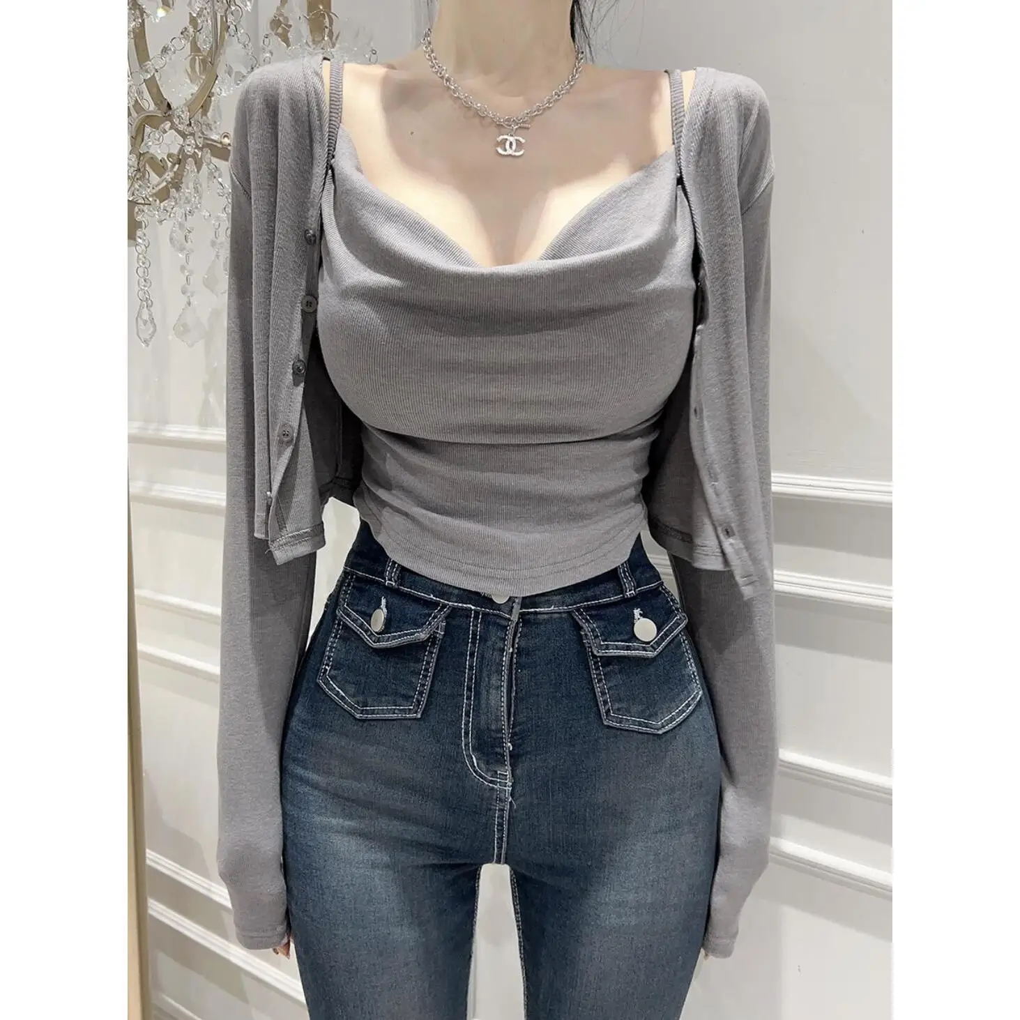 Fashionable Sexy Tightened Folded Strap Vest Short Open Cardigan Set Women's Autumn Premium Quality Brand New Condition