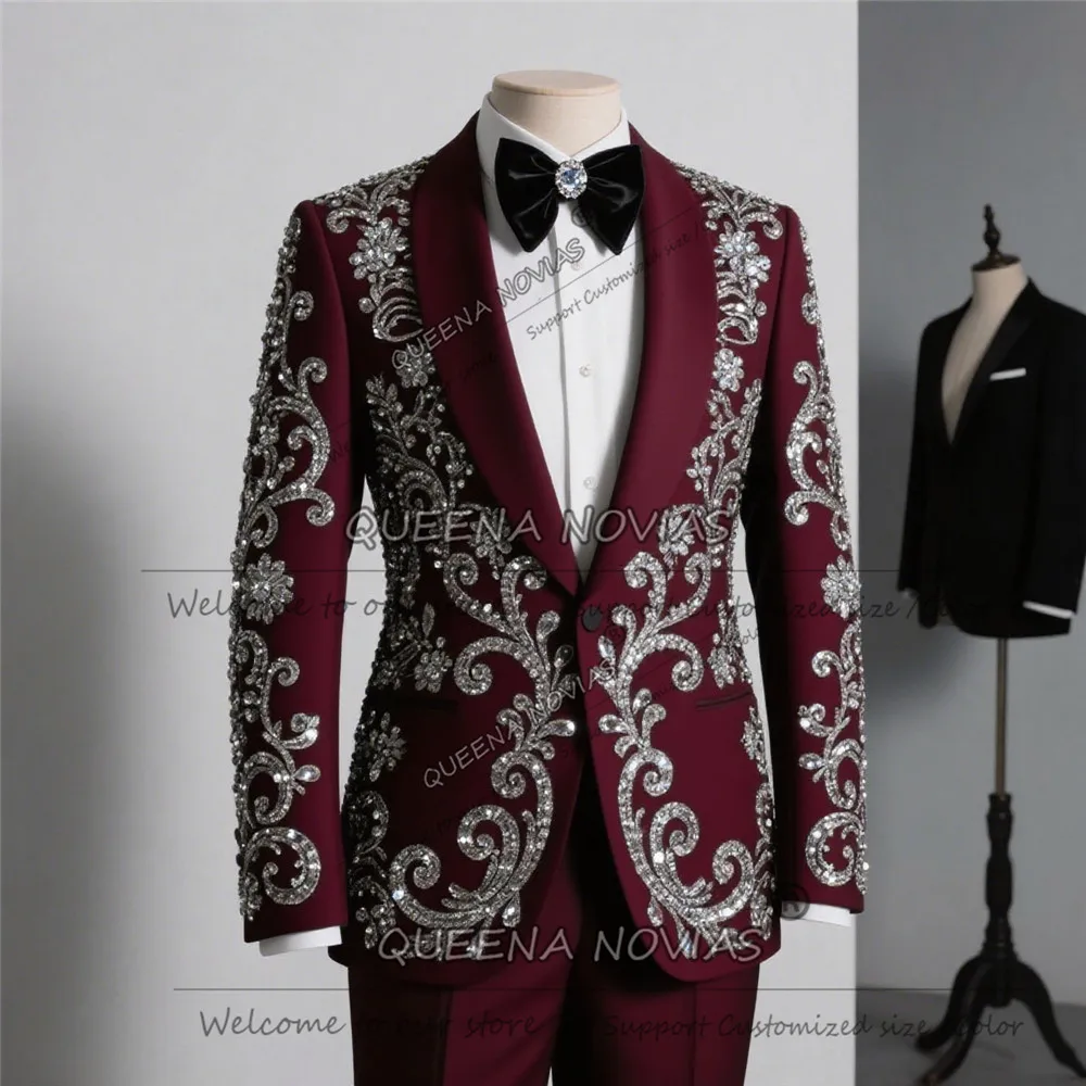 Exquisite Wedding Suit For Man Sparkly Sliver Beading Stones Jacket Pants 2 Pieces Sets Groom Tuxedso Customized Ropa Hombre