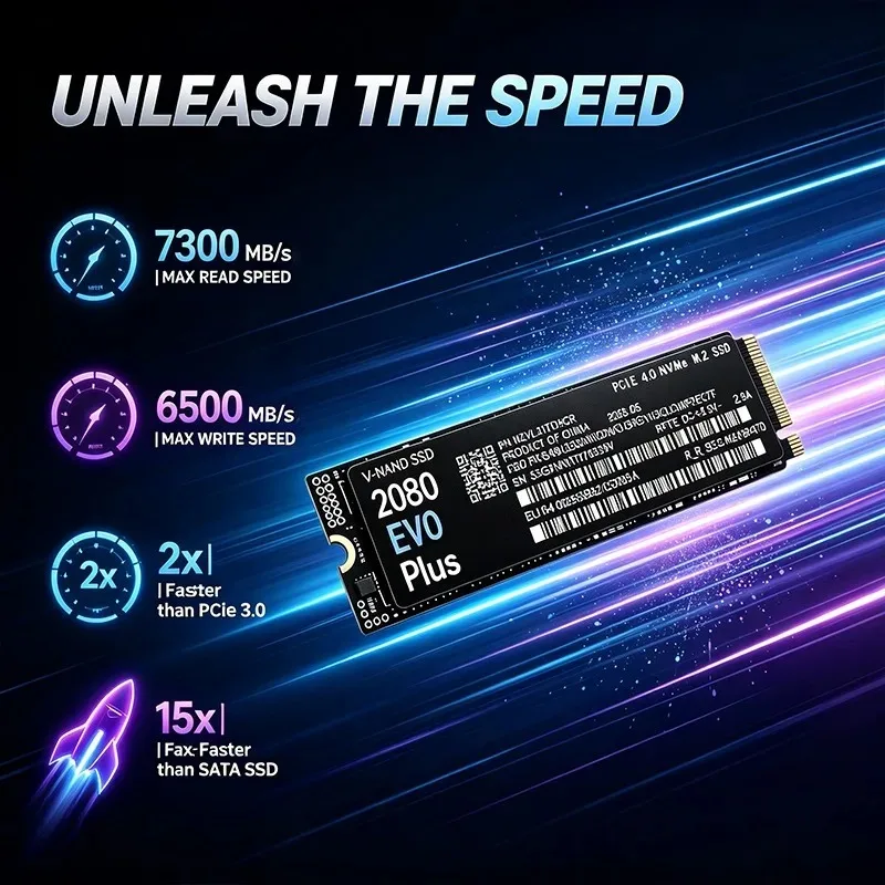 2080 EVO Plus PCIe 4.0 x4 NVMe M.2 2280 SSD 7300MB/s TLC 3D NAND Internal Gaming Drive 1TB/2TB/4TB for Desktop Laptop PC.
