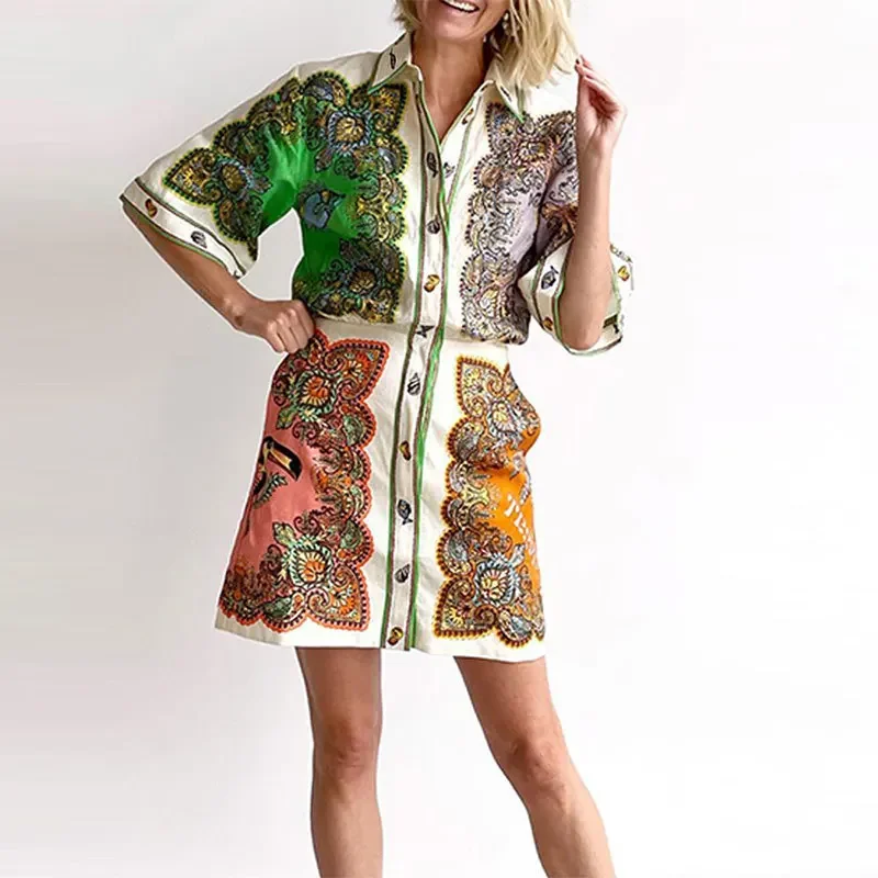 

2024 Summer Women's New Lapel Single-breasted Printed Long-sleeved Casual Dress